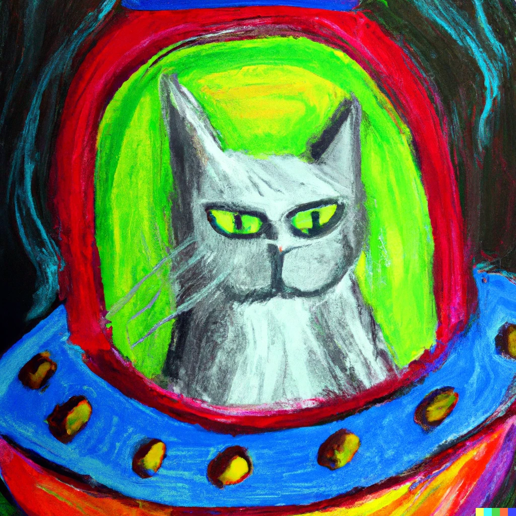 An oil pastel drawing of an annoyed cat in a spaceship